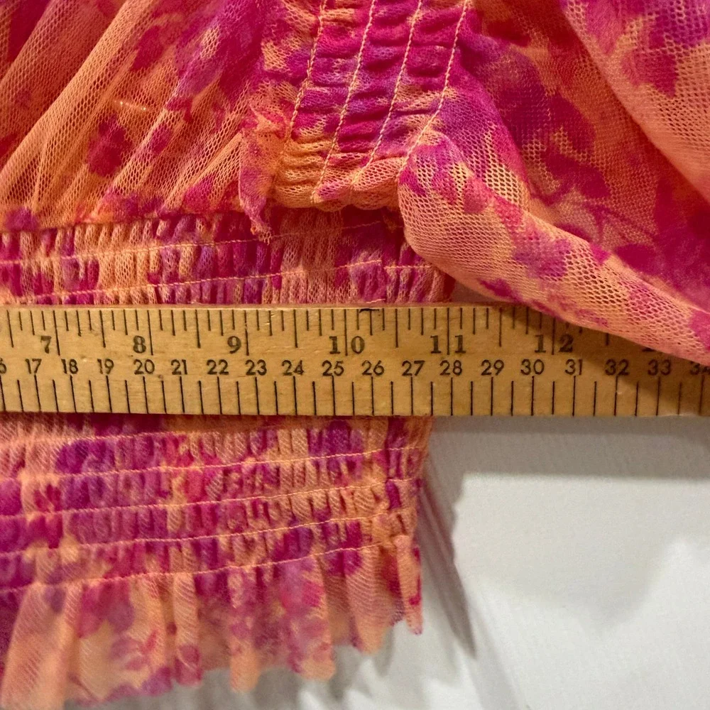 Free People XS Top Floral Print‎ Ruffle Sleeve Smocked Blouse Orange Pink